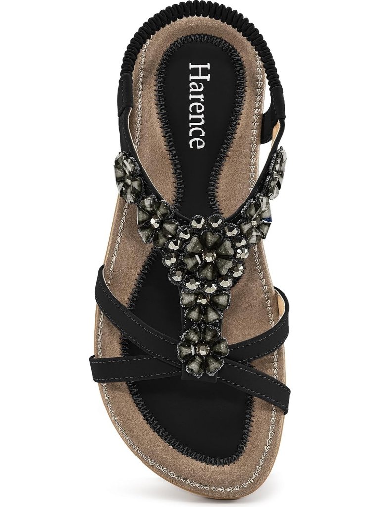 Women's Black Summer Floral Flat Sandal Elastic Ankle Strap Casual Dressy Shoes